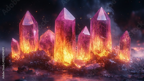 A group of glowing pink crystals rise from a bed of volcanic ash, with flames erupting around their bases.