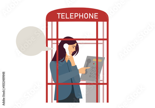 Woman using phone booth flat vector illustration. Telephone booth communication illustration