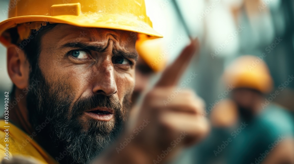 A rugged bearded man in a yellow hard hat points intensely at a construction site, emphasizing leadership, determination, and focus in the building industry. A rugged bearded man in a yellow hard hat points intensely at a construction site, emphasizing leadership, determination, and focus in the building industry.