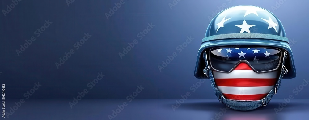 Patriotic helmet with stars and stripes on a blue background, symbolizing American pride. Patriotic helmet with stars and stripes on a blue background, symbolizing American pride.