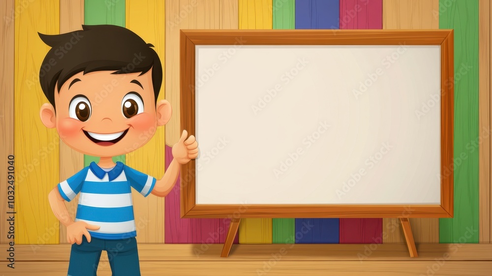 A vibrant cartoon boy with a smile presents a blank whiteboard, perfect for school, learning, or creative projects in a colorful, energetic environment. A vibrant cartoon boy with a smile presents a blank whiteboard, perfect for school, learning, or creative projects in a colorful, energetic environment.