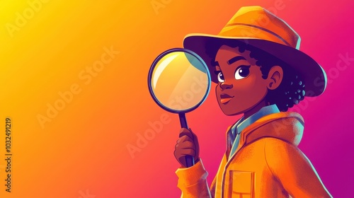 A vibrant cartoon detective with a magnifying glass inspects clues, perfect for creative storytelling, mystery themes, or children's adventures.