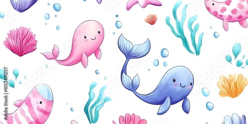 Cute Watercolor Ocean Animals Seamless Pattern