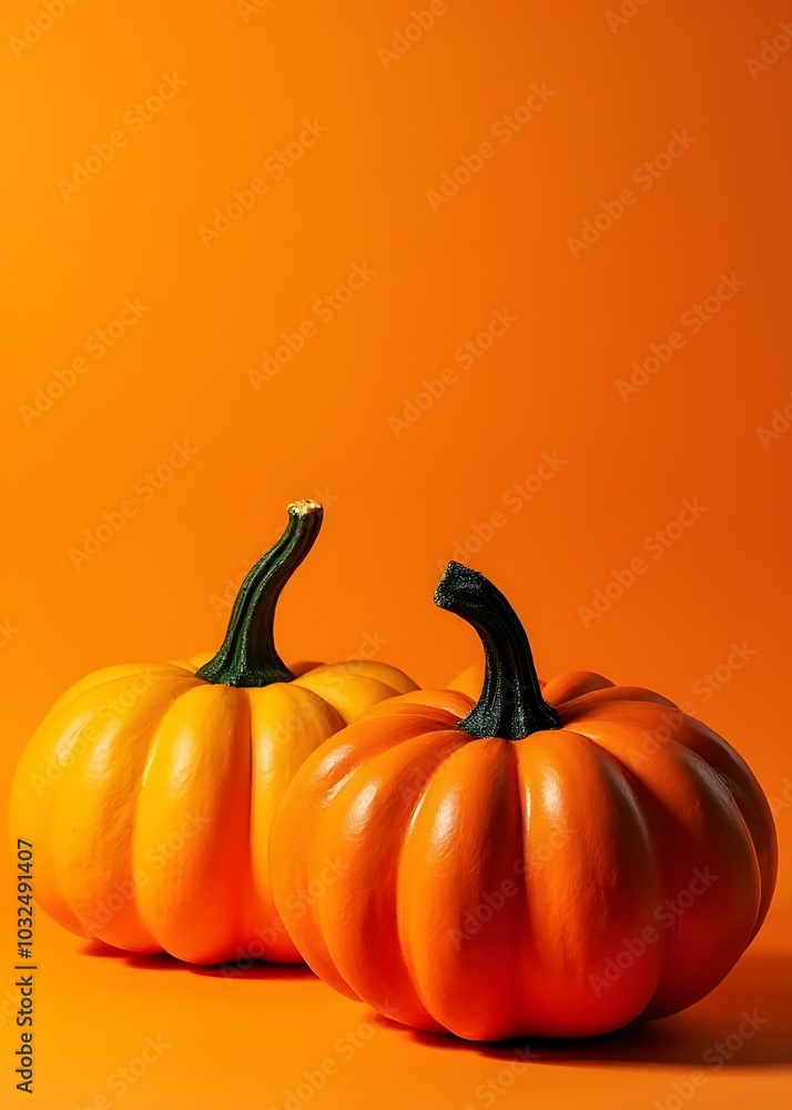 Artificially designed decorative pumpkins appear vibrant against an orange background. Artificially designed decorative pumpkins appear vibrant against an orange background.