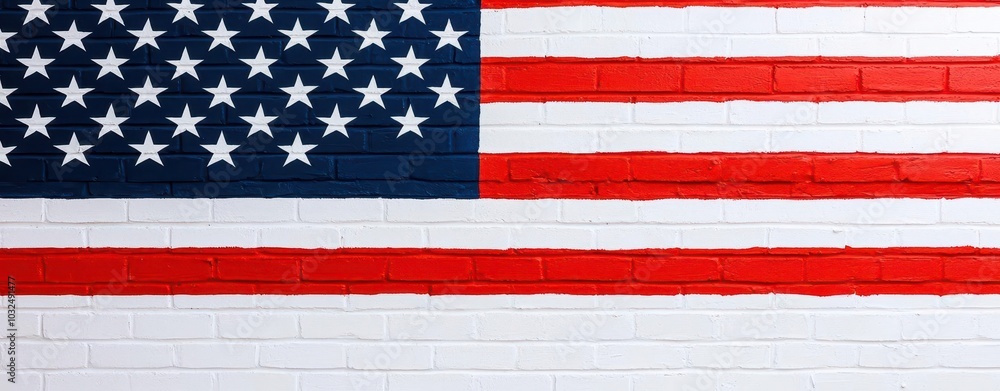 Fototapeta premium American flag painted on a brick wall, vibrant colors, rustic texture.