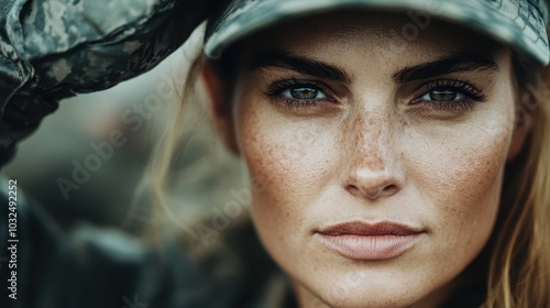 A close-up of a soldier's face with intense gaze under a camouflage hat, reflecting determination, strength, and unwavering commitment to military service and duty. photo