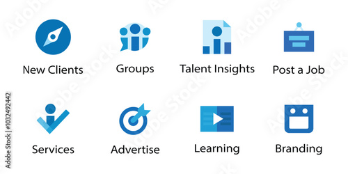 LinkedIn set of UI interface icons and logos vector design collection. Linkedin all design elements vector.	
Social media icons, new clients, groups, talent insights, post a job, service, advertise.