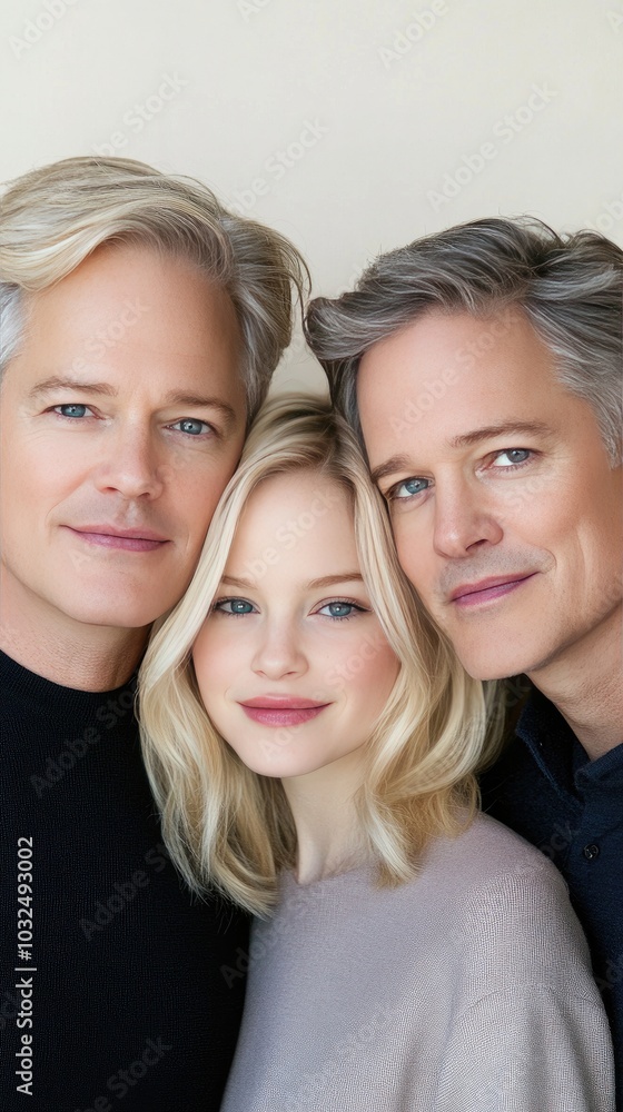 A joyful family portrait capturing love and warmth in natural light, showcasing a father and his daughters' bright smiles A joyful family portrait capturing love and warmth in natural light, showcasing a father and his daughters' bright smiles