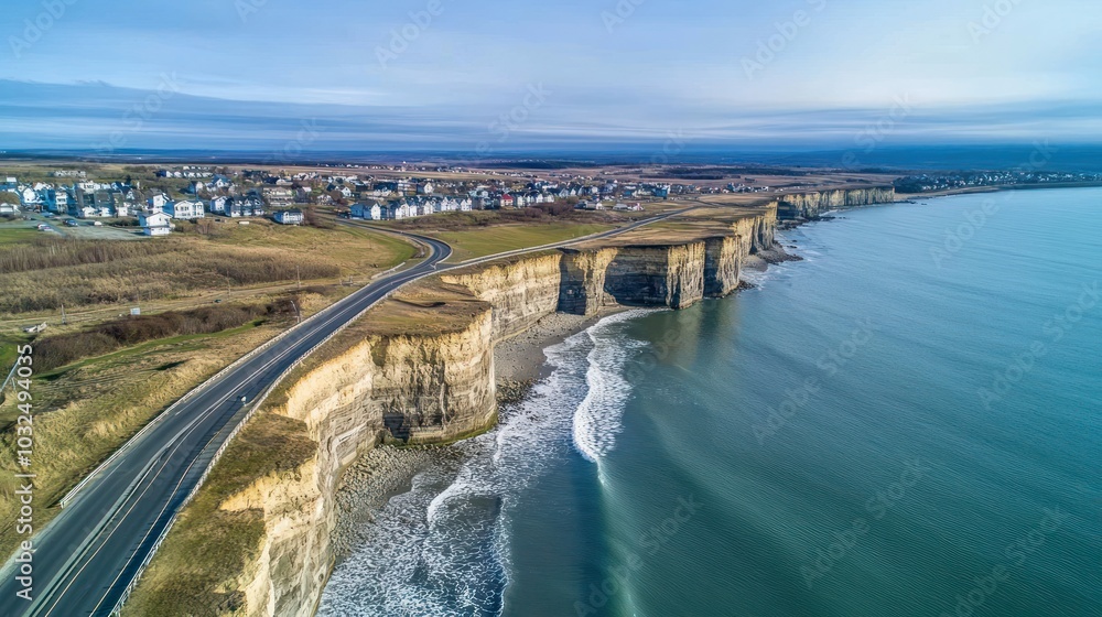 Aerial view of cliffs along a coastline with a road and nearby residential area. Aerial view of cliffs along a coastline with a road and nearby residential area.