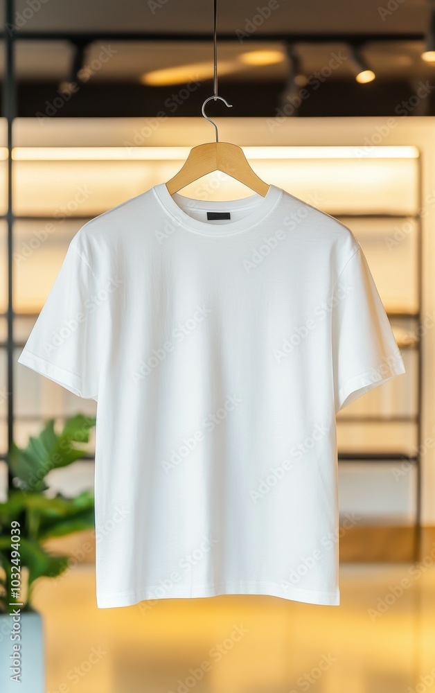 White t-shirt hanging on a wooden hanger in a modern retail space. White t-shirt hanging on a wooden hanger in a modern retail space.