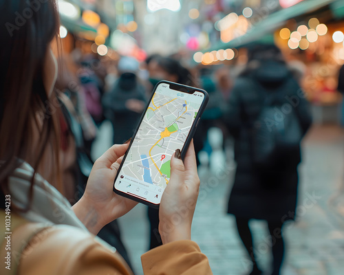 Exploring vibrant street market, woman holds smartphone displaying map, guiding her through bustling crowd. atmosphere is lively and filled with colorful lights