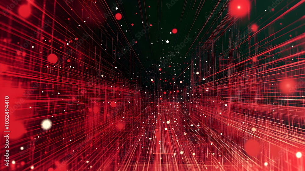 A vector illustration of a fast-paced technology concept, flat colors with a gradient from black to neon red. Dots and lines create a dynamic, perspective-based web, with the vanishing point