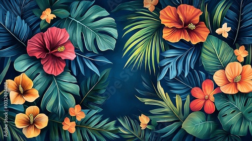 Colorful tropical flowers on a dark background.