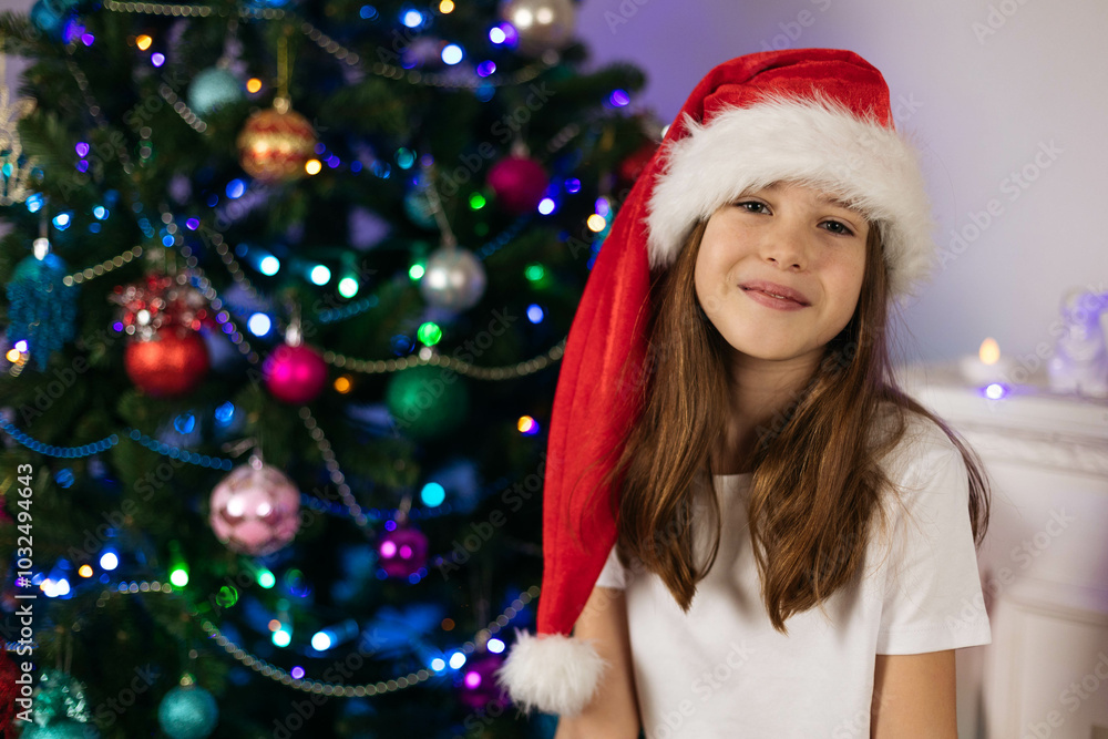 Close-up portrait of a smiling teenage girl wearing a Santa hat on the background of a Christmas tree Close-up portrait of a smiling teenage girl wearing a Santa hat on the background of a Christmas tree
