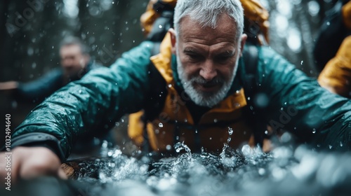 Focused on navigating wet conditions, a daring adventurer in an orange rain jacket crosses a river, showcasing determination and connection with unbridled nature's elements. photo