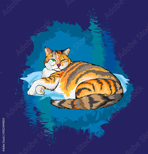 Drawing of my favorite cat sleeping in my bed. Hand drawn flat vector illustration. Print for greeting card, children book, icon, badge, fabric, wallpaper.