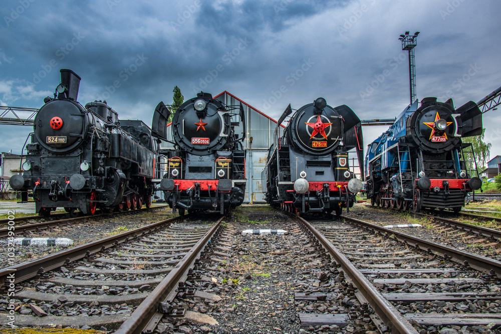 Obraz premium historic steam locomotives resting in the depot