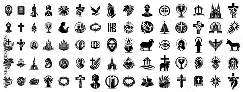 artistic collection of sacred christian icons in black vector style