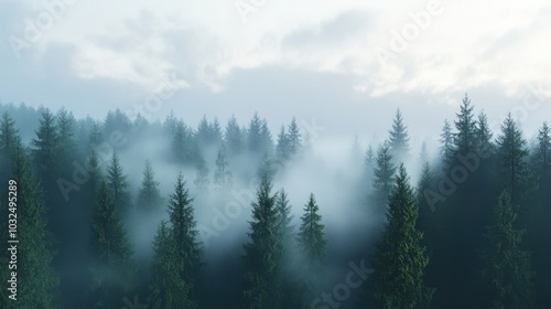 Enchanting forest covered in mist, with lush green trees, perfect for projects emphasizing mystery, nature, and serenity.