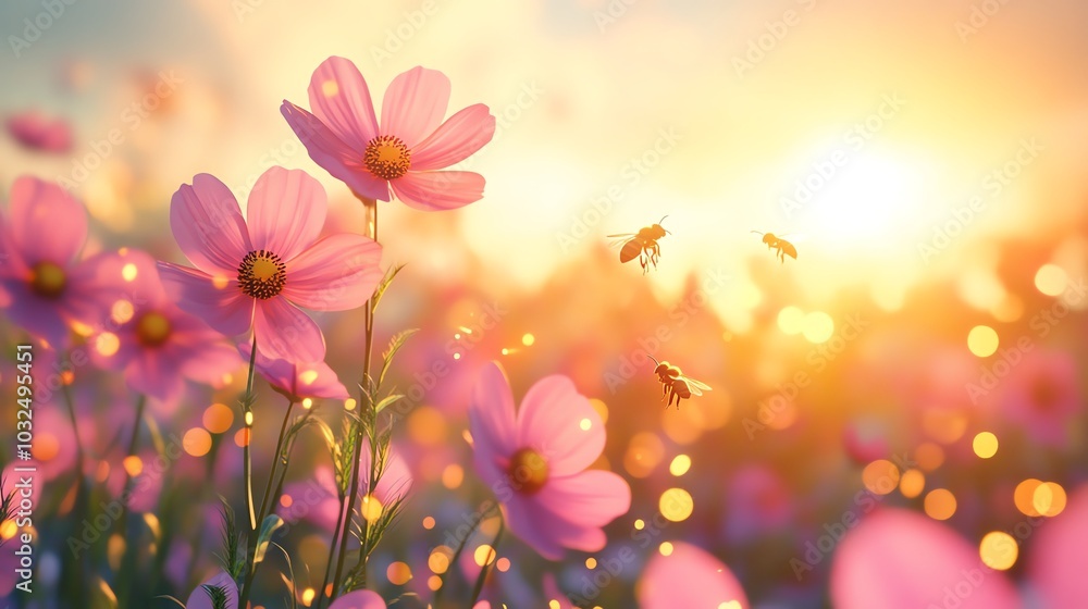 Pink flowers blooming in a sunlit field at golden hour. Pink flowers blooming in a sunlit field at golden hour.