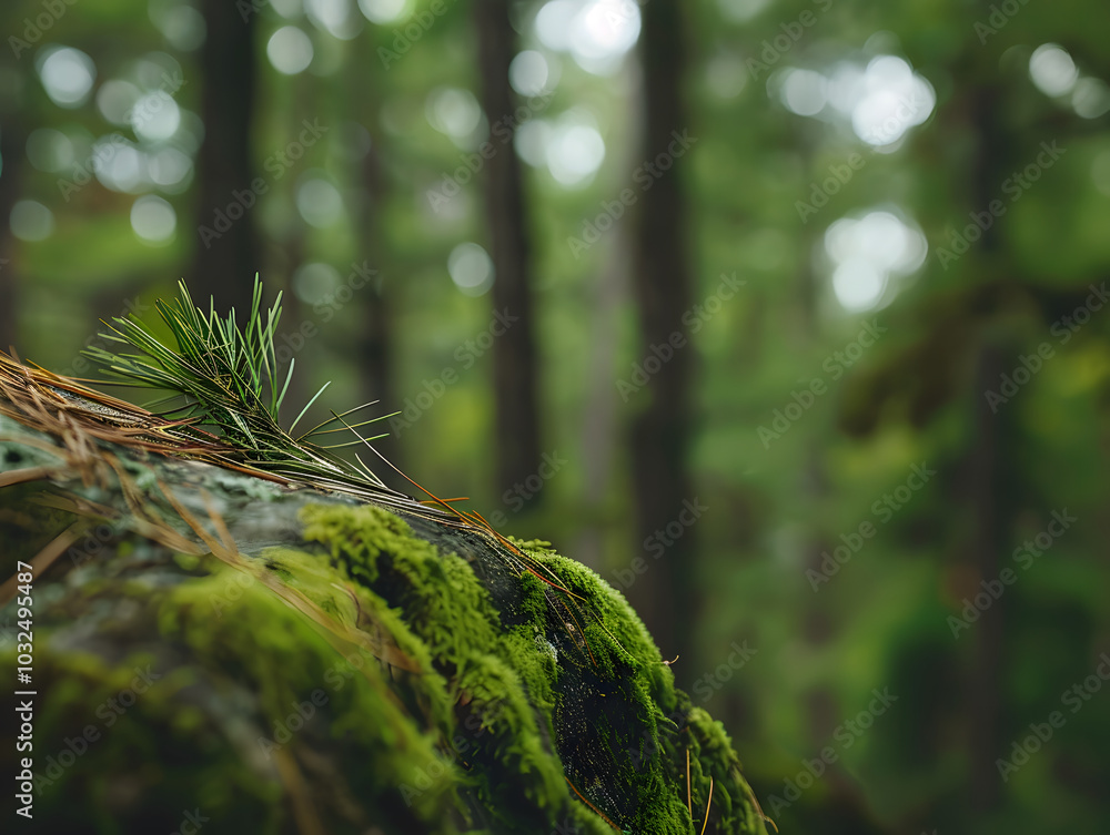 close up shot of pine needles resting on moss covered rock, surrounded by lush green forest. serene atmosphere evokes sense of tranquility and connection to nature close up shot of pine needles resting on moss covered rock, surrounded by lush green forest. serene atmosphere evokes sense of tranquility and connection to nature