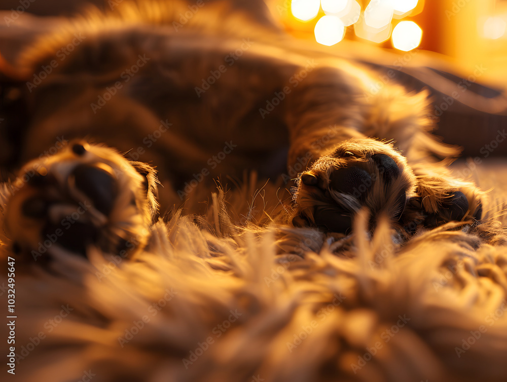 Soft focus image of dogs snout and paws resting on cozy surface, creating warm and inviting atmosphere. gentle lighting enhances peaceful mood