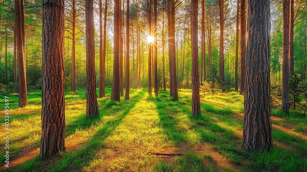 Obraz premium A serene forest scene with sunlight filtering through tall trees, creating a tranquil atmosphere.