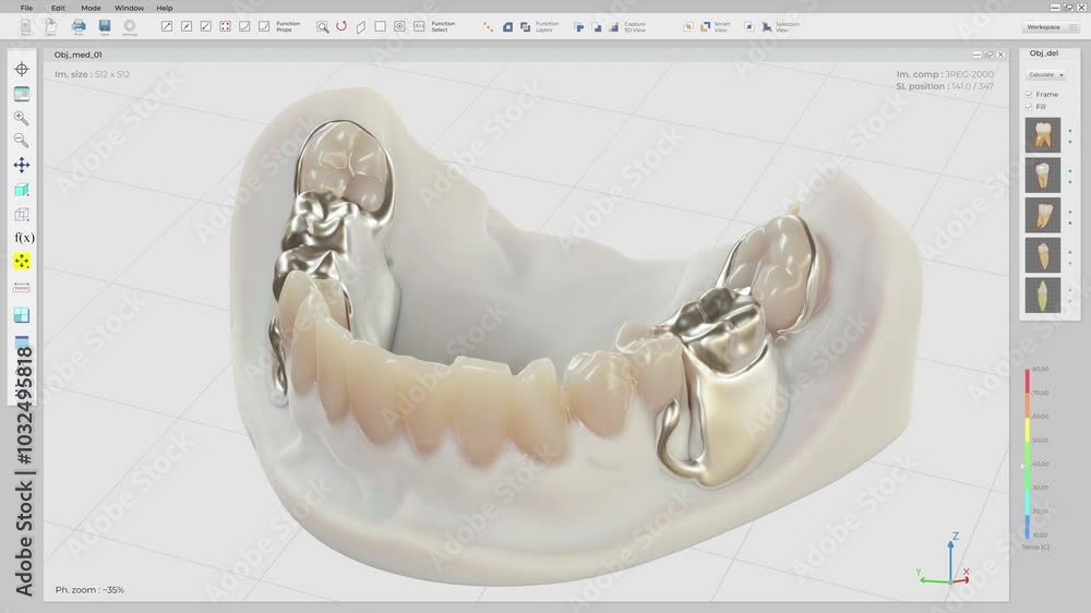 Modern CAD Software Used For Dentistry Prosthetic Project Making. Applying Prosthetic Dentistry Restoration To Damaged Teeth In Software. Prosthetic Dentistry In 3D Modeling Software Interface