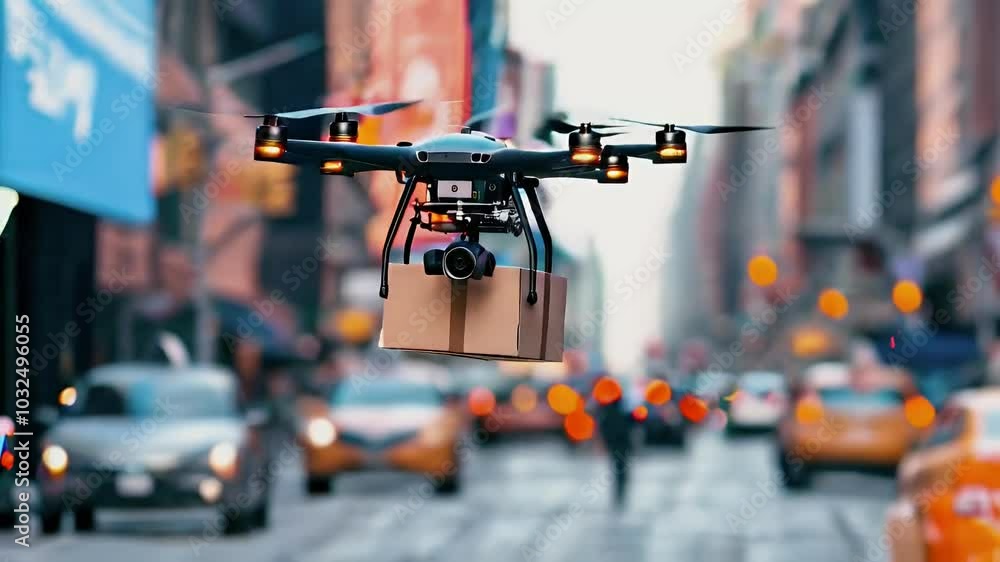 Drone delivering a package in a city. Drone delivering a package in a city.