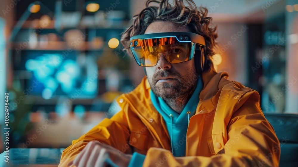 Professional in a modern office, wearing a headset, using an advanced AR interface for managing projects Professional in a modern office, wearing a headset, using an advanced AR interface for managing projects