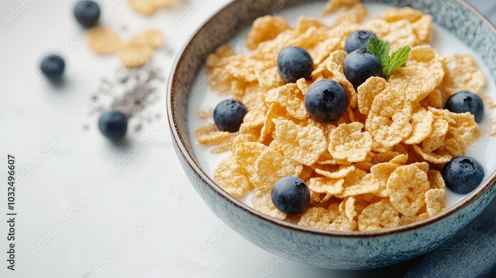 Crispy cornflakes and fresh blueberries in bowl Crispy cornflakes and fresh blueberries in bowl