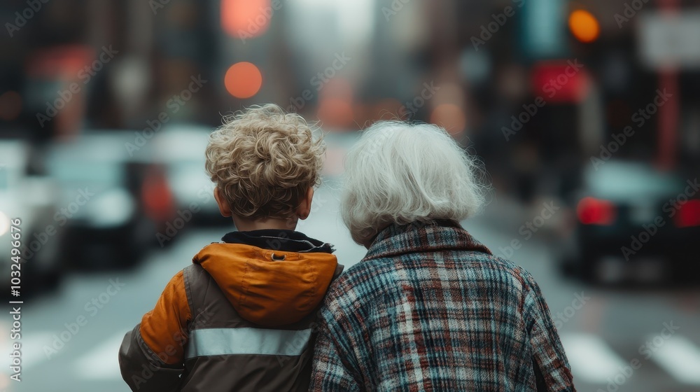 A child holding onto an elder on a bustling city street, surrounded by traffic and lights, representing themes of care, generational bonding, and urban challenges. A child holding onto an elder on a bustling city street, surrounded by traffic and lights, representing themes of care, generational bonding, and urban challenges.