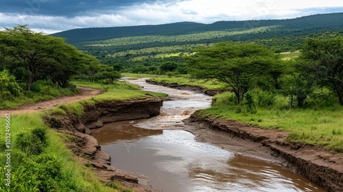 A once-dry riverbed filled with violent, muddy water after a sudden downpour, dry riverbed flood, surging water photo