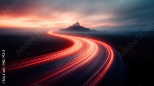 A captivating photograph featuring light trails curving towards an enchanting castle in the distance, beautifully blending motion with dreamy, mystical tones.