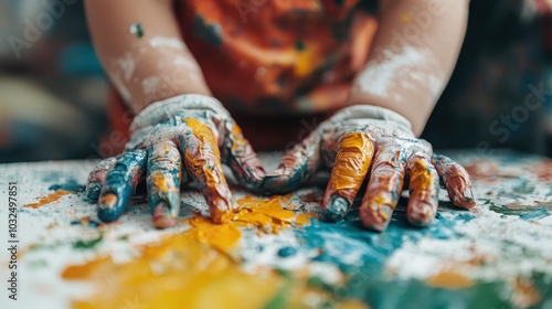 The image showcases hands covered in bright, colorful paint engaged in creating abstract art, symbolizing creativity, expression, and the joy of art-making. photo