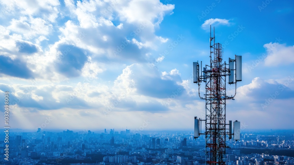 A telecommunications tower rises above a city skyline under a cloudy sky. A telecommunications tower rises above a city skyline under a cloudy sky.