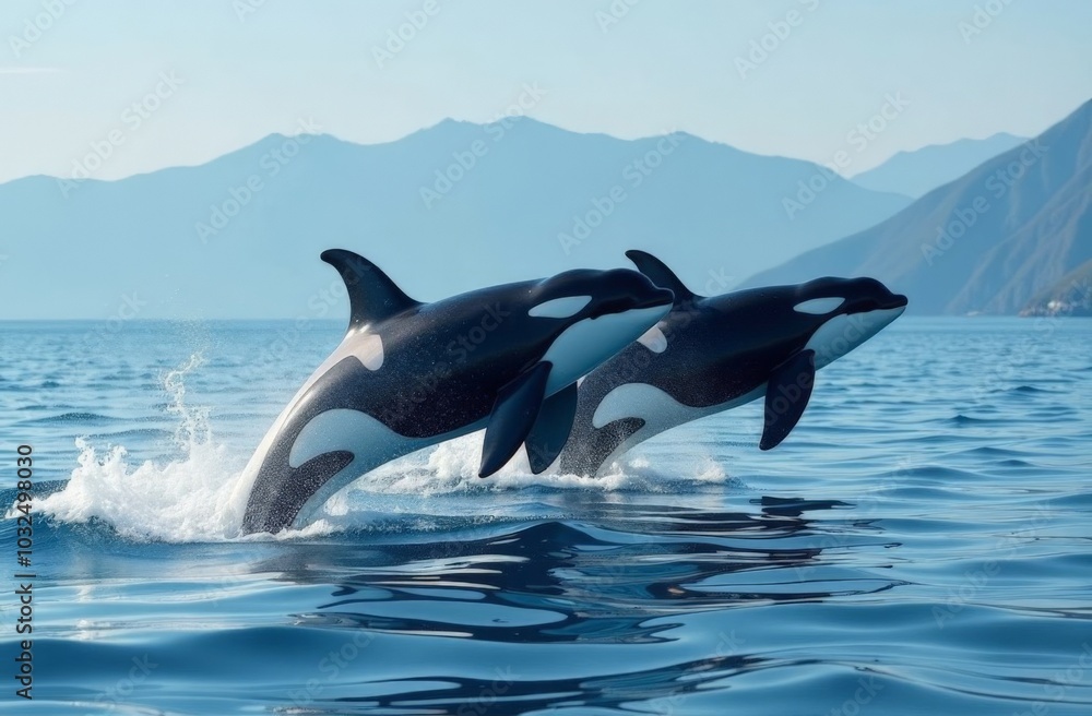 Fototapeta premium Northern Resident Killer Whale Orcas. A large pod of male, female and calves of the Endangered Northern Resident Orcas off Vancouver Island, British Columbia. Male dorsal fins and eye patches.
