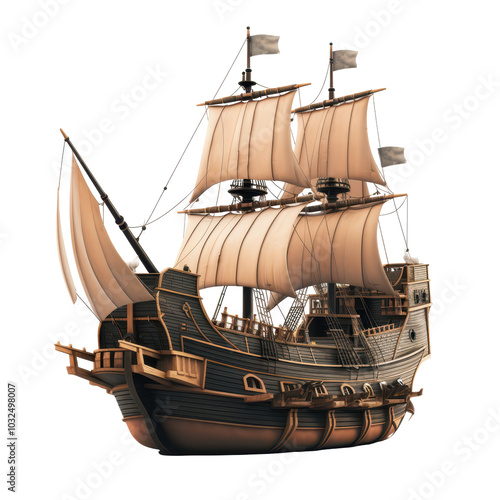 PNG crafted wooden ship with sails 3d icon, cartoon style minimal on transparent, isolate on white background