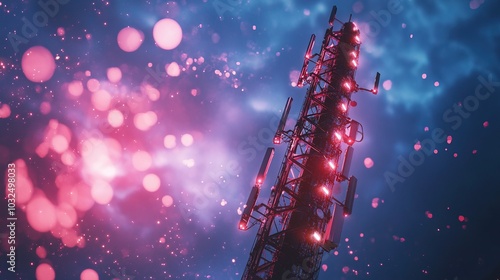 4G and 5G cellular telecommunication tower, glowing digita technology 