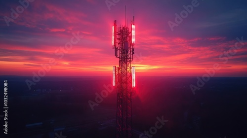 4G and 5G cellular telecommunication tower, glowing digita technology 