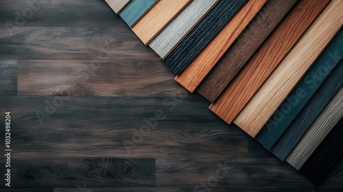 A selection of diverse wood flooring samples laid in a diagonal pattern against a dark wooden panel, highlighting an array of finishes and tones. photo