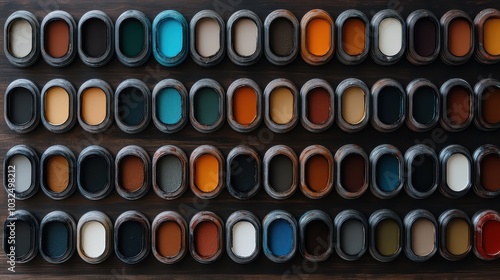 Multiple rows of paint swatches featuring a broad color palette, meticulously arranged to display a kaleidoscope of shades and color intensities.