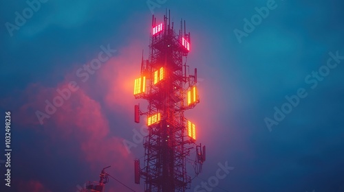 4G and 5G cellular telecommunication tower, glowing digita technology 