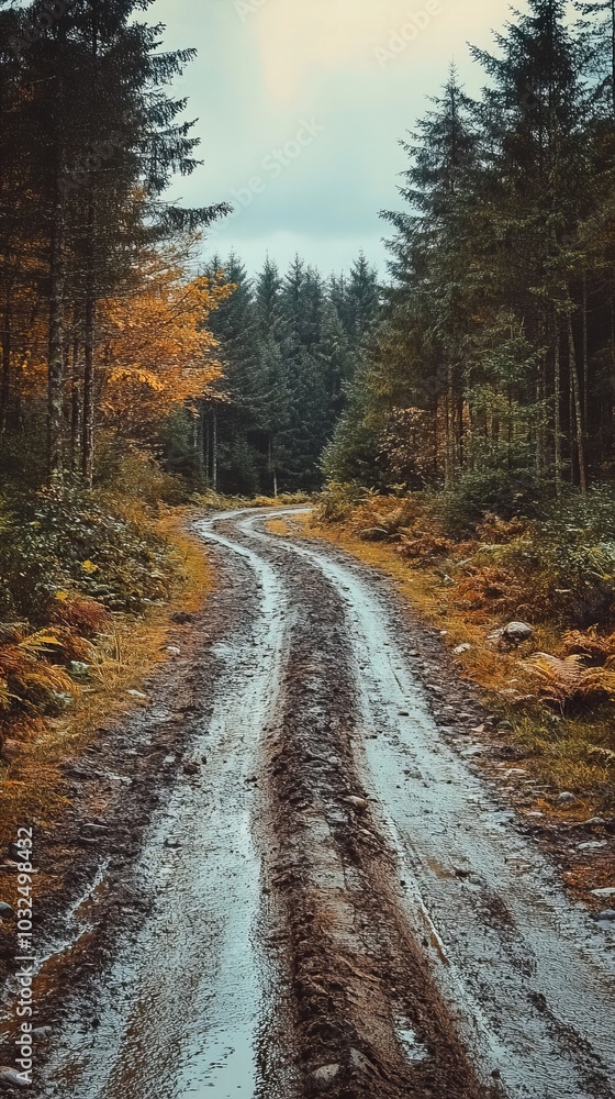 A winding dirt road through a forest, wet from recent rain. A winding dirt road through a forest, wet from recent rain.