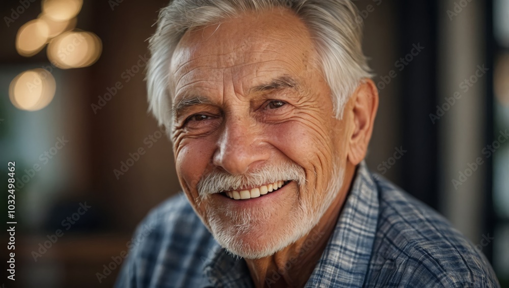 Happy senior man looking at camera at home Happy senior man looking at camera at home
