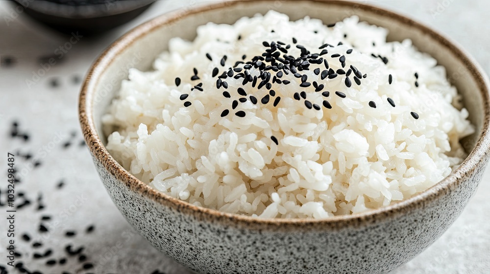 A close-up of a bowl filled with soft, fluffy rice sprinkled with black sesame seeds, placed on a minimalist surface. A close-up of a bowl filled with soft, fluffy rice sprinkled with black sesame seeds, placed on a minimalist surface.