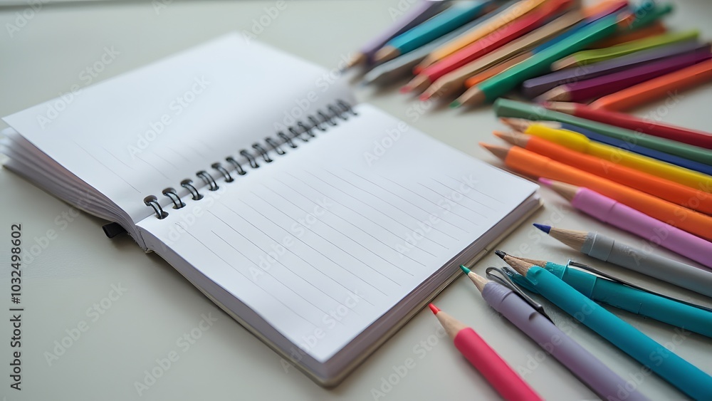 Gray notebook pages hold colorful pens scattered across the desk in a neat organized spread. Gray notebook pages hold colorful pens scattered across the desk in a neat organized spread.