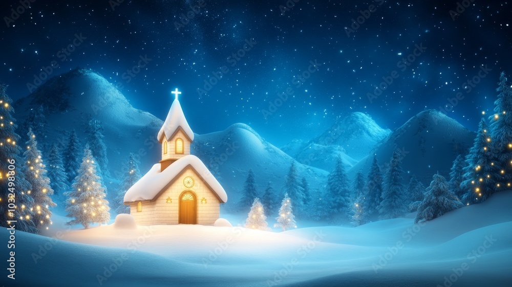 Fototapeta premium Serene winter landscape with a cozy church under starry sky
