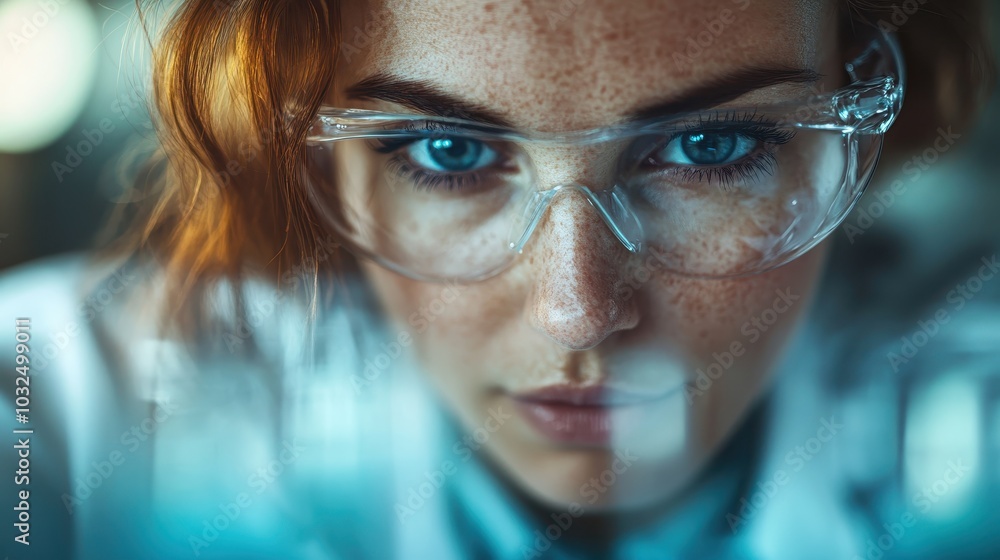A focused red-haired scientist wearing safety glasses peers intently through glass slides, embodying precision, innovation, and dedication amidst a scientific set-up. A focused red-haired scientist wearing safety glasses peers intently through glass slides, embodying precision, innovation, and dedication amidst a scientific set-up.