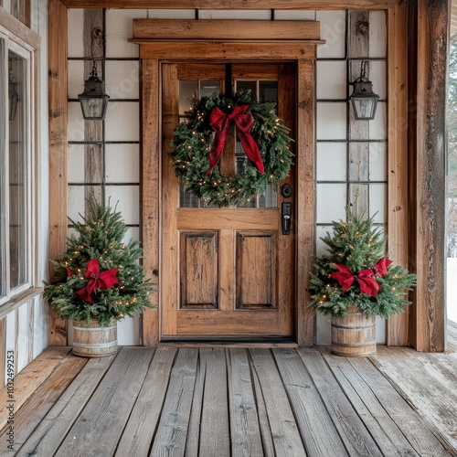 Christmas Decorated Porch with Wreath, Trees, and Lights